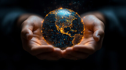 People hands holding a earth globe with digital futuristic data and holographic elements of orange color representing world network globalization and technology
