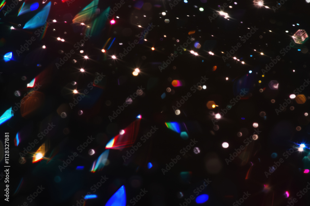 Poster colorful light reflections and sparkling bokeh on dark background. abstract festive backdrop, vibran