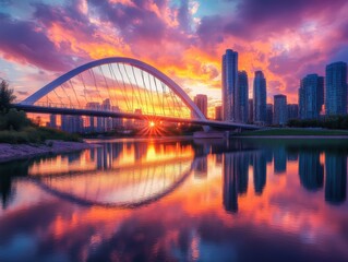 Obraz premium stunning sunset over city skyline with bridge reflection