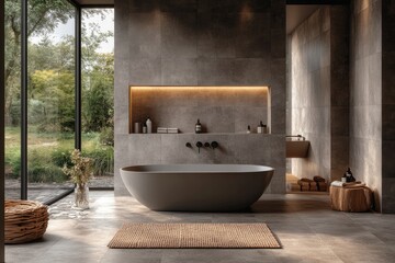 Modern minimalist bathroom with freestanding bathtub and large window overlooking nature