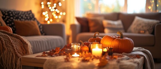cozy autumn living room with pumpkins and candles