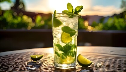 A refreshing mojito in a tall glass with mint leaves, lime slices, and ice cubes, served outdoors on a sunny patio.