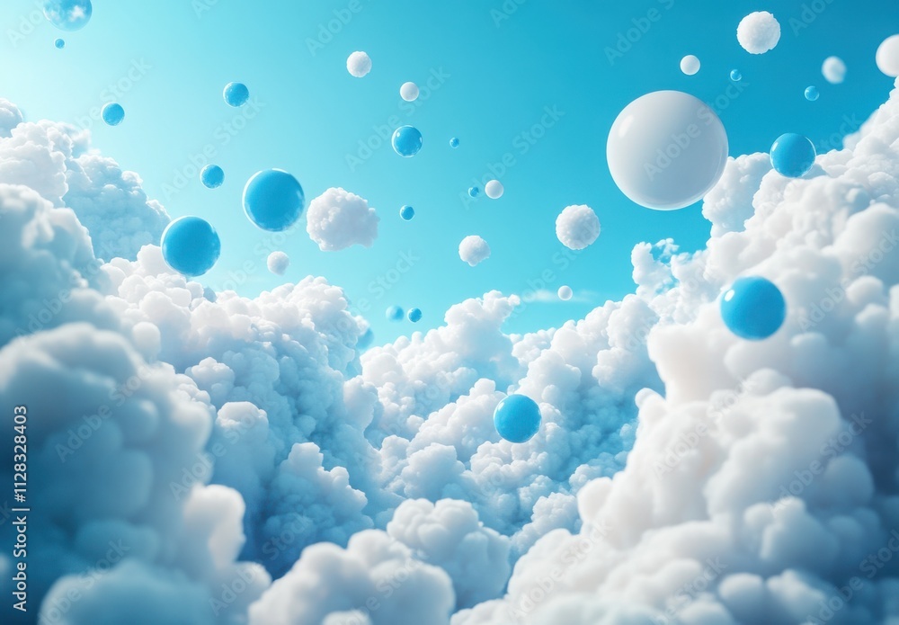 Poster stunning abstract representation of clouds and spheres against a bright sky, creating a dreamy atmos