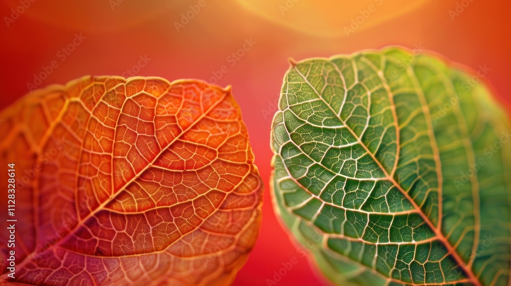 Poster colorful autumn leaves on a soft gradient background, showcasing intricate vein patterns in contrast