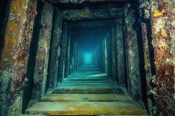 Underwater view of a submerged structure creating depth.