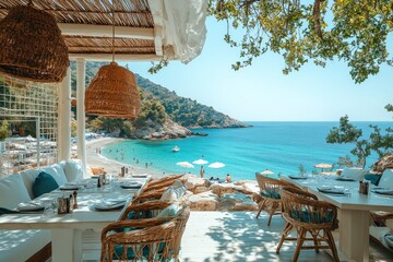 Luxury seaside restaurant offering breathtaking view of turquoise bay with tourists enjoying summer vacation