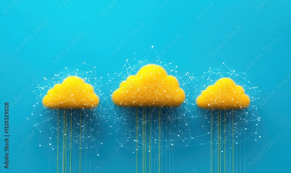 Poster three yellow clouds with abstract network connections and data rain against a vibrant blue backgroun