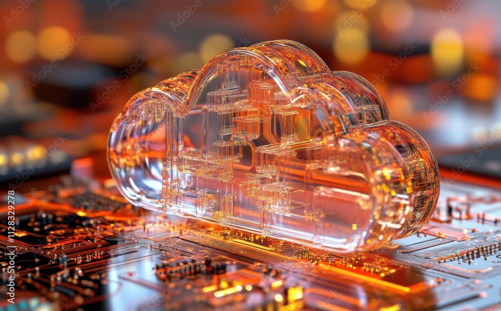 Aufkleber transparent cloud icon with circuit board design illuminated by orange lights, representing digital 