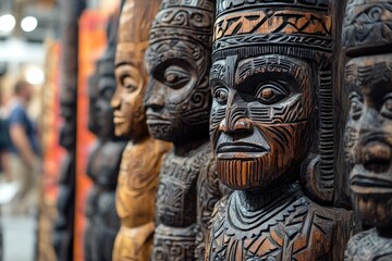 Traditional maori tiki statues representing polynesian culture - obrazy, fototapety, plakaty