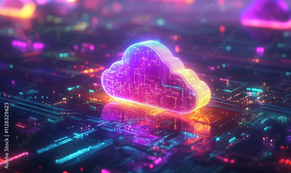 Poster vibrant and futuristic cloud computing technology concept with neon glow on a digital circuit board 