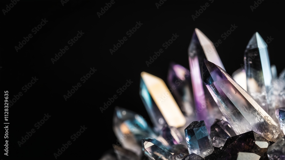 Poster sparkling quartz crystal cluster with vibrant reflections and sharp facets in a dark background