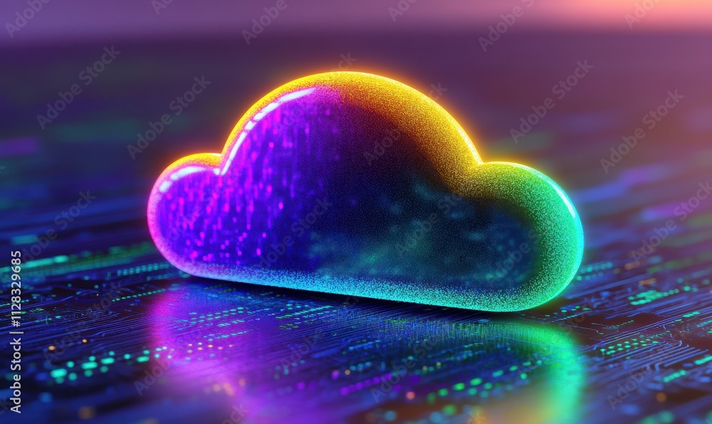 Poster vibrant and futuristic cloud icon with glowing neon effects on a digital background representing mod