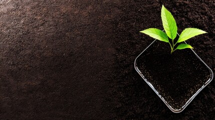 Naklejka premium Fresh Green Leaf Growing in Soil in a Glass Container on Dark Earth