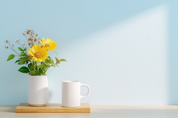 Stylish Ceramic Mug with Floral Bouquet on Wooden Table Against Minimalist Blue Sky Background