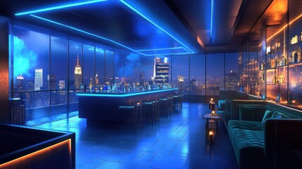 Fototapeta premium Luxurious rooftop bar with city skyline view at night.