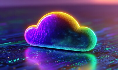 Vibrant and Futuristic Cloud Icon with Glowing Neon Effects on a Digital Background Representing Modern Technology and Data Storage Concepts