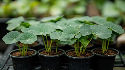 Lush Green Plants in Small Pots on a Shelf in a Greenhouse