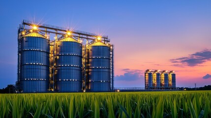 Biogas Facility Night Scene: A biogas plant illuminated at night, fermentation tanks glowing softly under floodlights.