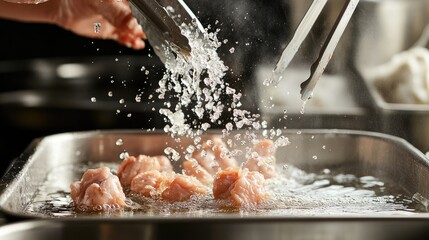 Fototapeta premium Fresh Chicken Pieces Being Fried in Hot Oil with Splash Effect
