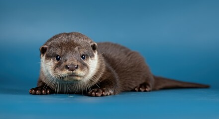 Fototapeta premium Adorable otter on blue background for wildlife conservation awareness