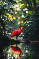 Scarlet ibis perching on a branch over water in lush tropical rainforest