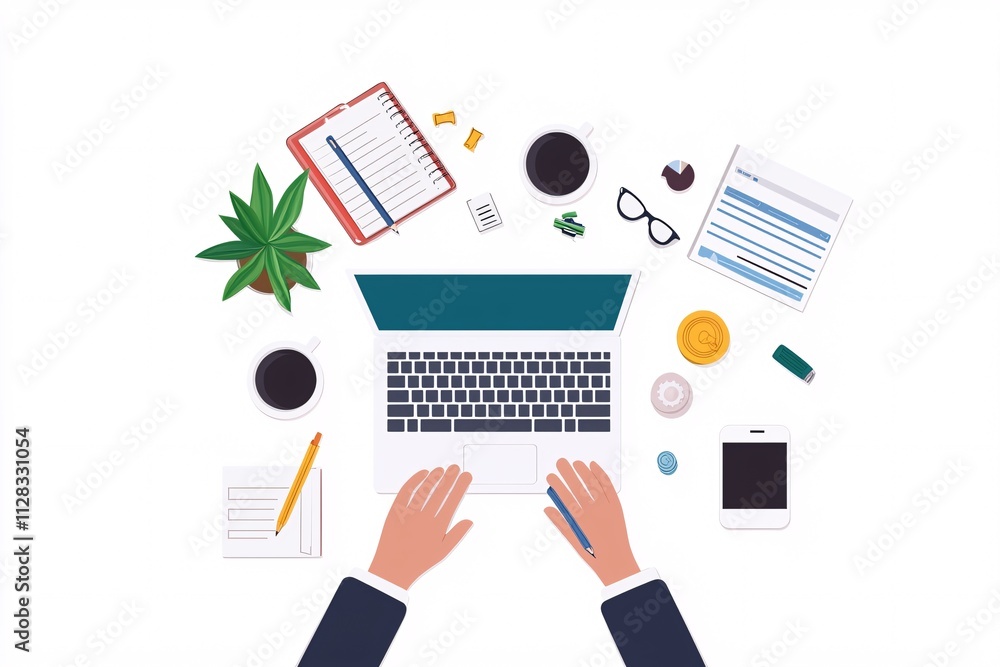 Poster a graphic representation of tax approval workflow with hands typing on a keyboard in the background