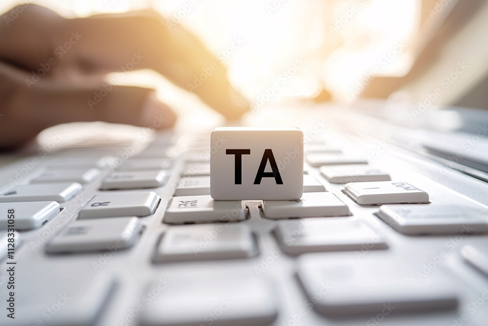 Poster a graphic representation of tax approval workflow with hands typing on a keyboard in the background