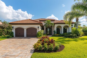 Naklejka premium Beautiful florida mediterranean revival style home with lush landscaping
