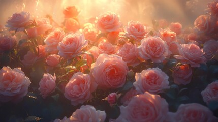 Fototapeta premium A Sunset Glow Illuminates Delicate Pink Roses