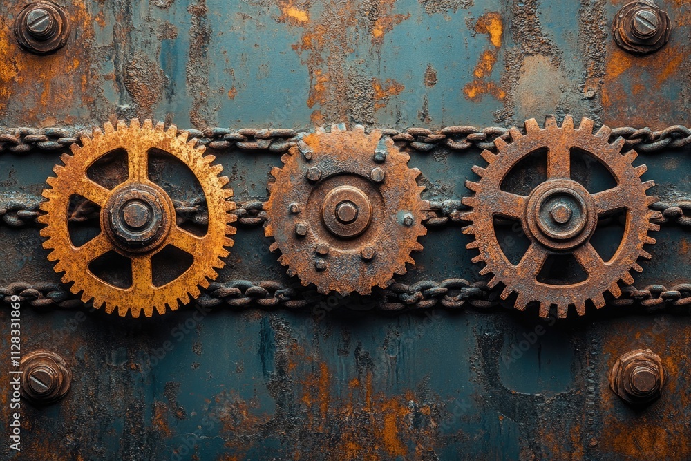 Leinwandbilder rusty gears and chains creating a steampunk composition on metal background
