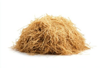 A large pile of golden hay isolated on white. Perfect for agricultural, rural, or autumn themes.