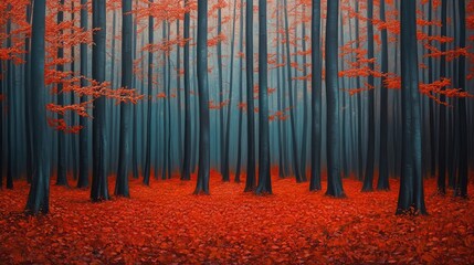 Vibrant autumn forest with a carpet of red and orange leaves, tall trees standing in the background 