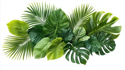 Vibrant collage of tropical leaves on a white backdrop, showcasing their beauty and elegance.