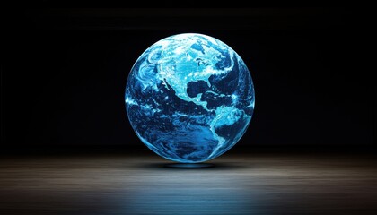 Breakthrough discovery impact concept. Glowing blue globe on a dark background, symbolizing Earth and technology.