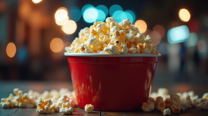 Red popcorn bucket on a wooden table with scattered popcorn, warm bokeh light on blur background
