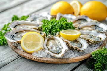 Savoring fresh oysters on a seafood platter with lemons coastal restaurant culinary delight rustic setting gourmet experience ocean-inspired cuisine