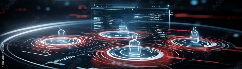Poster An abstract concept of an automated income tax system, a digital ecosystem of data and transparency, glowing holograms floating in a futuristic space