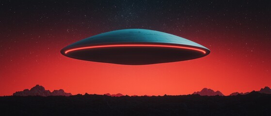Breakthrough discovery impact concept. Futuristic UFO hovering over a vibrant red and purple sunset landscape.