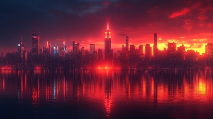 Naklejka premium Fiery sunset over a modern city skyline reflected in calm water.