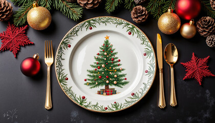 Festive Christmas plate design featuring a decorated tree and elegant gold cutlery on a dark background