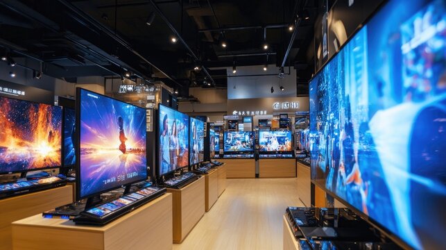 A modern electronics store showcasing various televisions for customers.