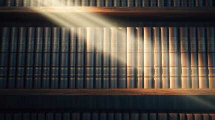 Breakthrough discovery impact concept. Books lined on a shelf with sunlight illuminating the scene.