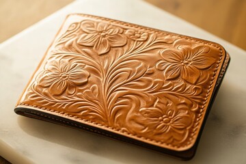 handcrafted leather wallet with floral design