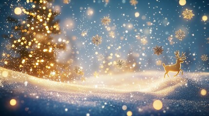 Obraz premium Golden Christmas Magic with Sparkling Reindeer and Snowflakes - Imagined with AI