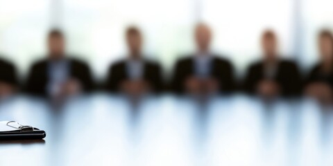 A conference table is showcased with an array of business professionals blurred in the background, representing important corporate discussions and collaborative decision-making.