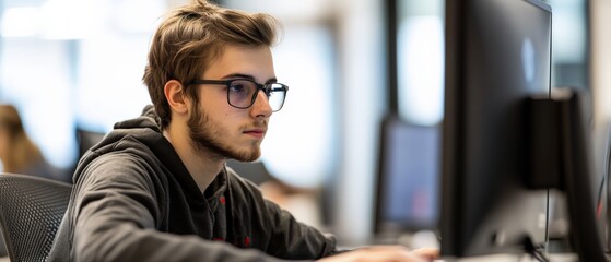 focused student working on computer in modern classroom
