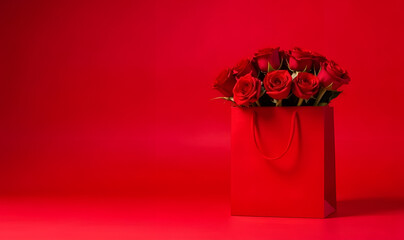 Bouquet of roses in a paper bag on a red background. Creative mockup for the store and delivery of flower bouquets. Bouquet of red roses for a holiday with place for text