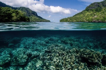 Obraz premium Underwater view of coral reefs and lush landscapes.
