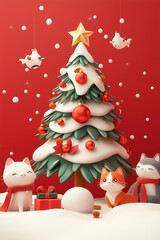 Cute cartoon Christmas tree with red and white decorations, snowflakes falling around the scene, small cats wearing scarves