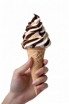Chocolate and Vanilla Swirl Soft Serve Ice Cream in Waffle Cone Held by Hand